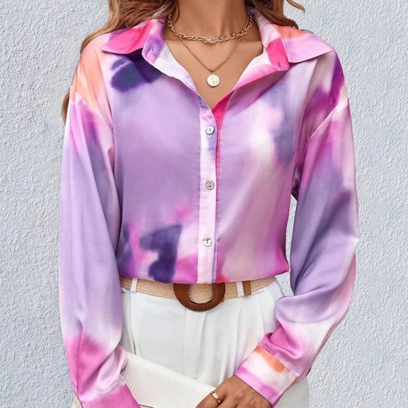 multicolor Tie Dye Drop Shoulder Button Front Shirt - Picture 5 of 5